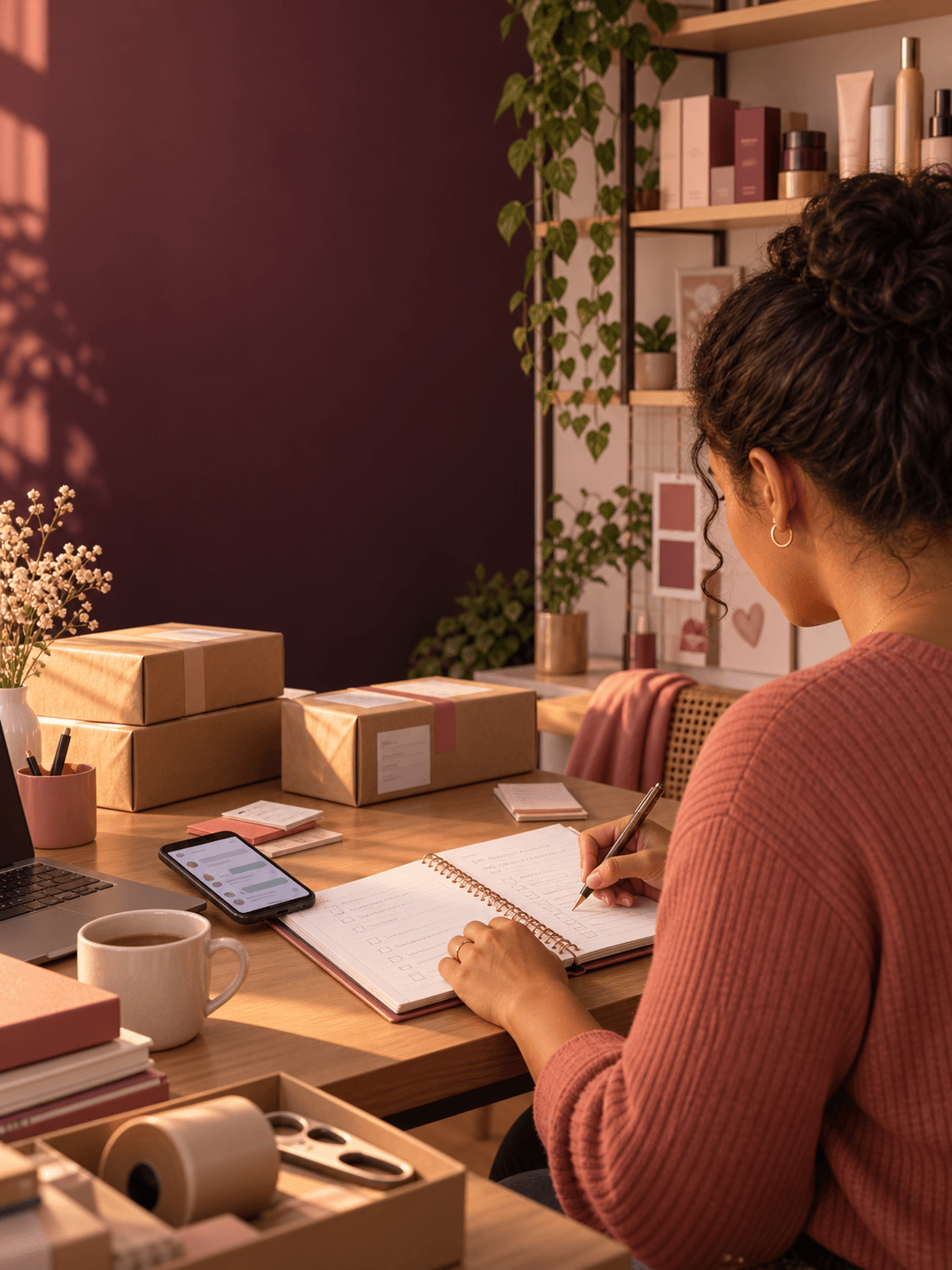 Revendedora organizando pedidos e estoque em sua mesa de trabalho